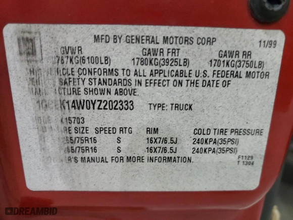 2000 Chevrolet Silverado 1500 with VIN 1GCEK14W0YZ202333, listed as a Copart auction lot 79273364 with 225,242 mi miles and Non Repairable. Bid and sale history available at carsss.com. Image 12.