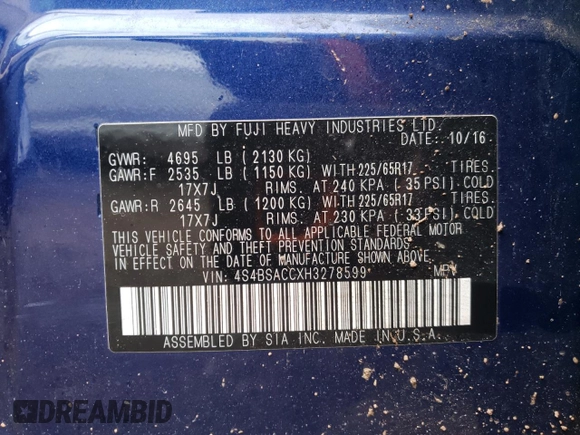 2017 Subaru Outback Premium with VIN 4S4BSACCXH3278599, listed as a Copart auction lot 59126495 with 173,878 mi miles and Salvage title. Bid and sale history available at DreamBid. Image 13.