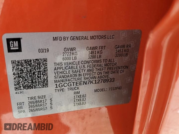 2019 Chevrolet Colorado 4WD ZR2 z VIN 1GCGTEEN7K1278933, wystawiony jako Copart lot #52209085 z przebiegiem 84 671 mil mil oraz Szkoda całkowita • Salvage title. Historia ofert i sprzedaży dostępna na DreamBid. Obrazek 12.
