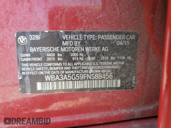 2015 BMW 3 Series 328i with VIN WBA3A5G59FNS88456, listed as a Copart auction lot 52586925 with 83,771 mi miles and Salvage Title. Bid and sale history available at DreamBid. Image 13.