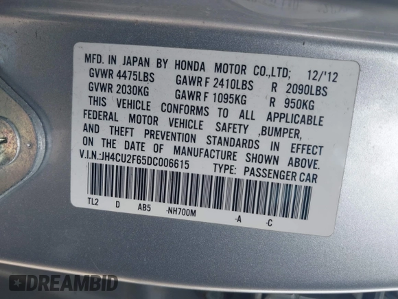 2013 Acura TSX Technology with VIN JH4CU2F65DC006615, listed as a IAAI auction lot 42504477 with 193,754 mi miles and . Bid and sale history available at DreamBid. Image 9.