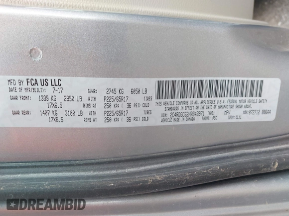2017 Dodge Grand Caravan SXT with VIN 2C4RDGCG2HR842871, listed as a IAAI auction lot 42074716 with 174,227 mi miles and . Bid and sale history available at DreamBid. Image 9.