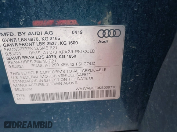 2019 Audi e-tron Prestige with VIN WA1VABGE0KB009718, listed as a IAAI auction lot 42336983 with 54,871 mi miles and . Bid and sale history available at DreamBid. Image 9.