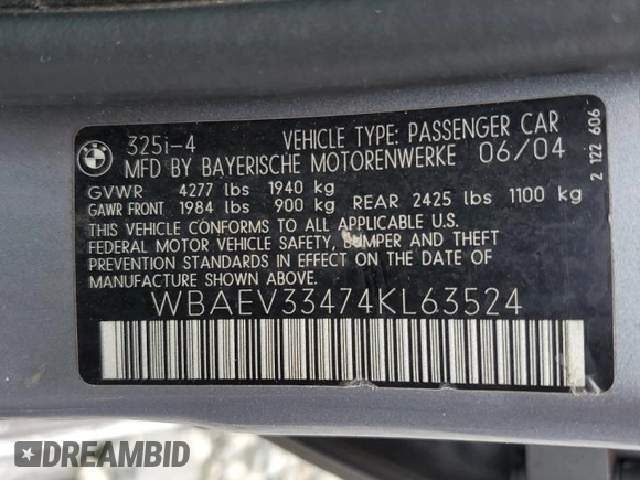 2004 BMW 3 Series 325i with VIN WBAEV33474KL63524, listed as a Copart auction lot 43437215 with 164,415 mi miles and Salvage Title. Bid and sale history available at carsss.com. Image 12.