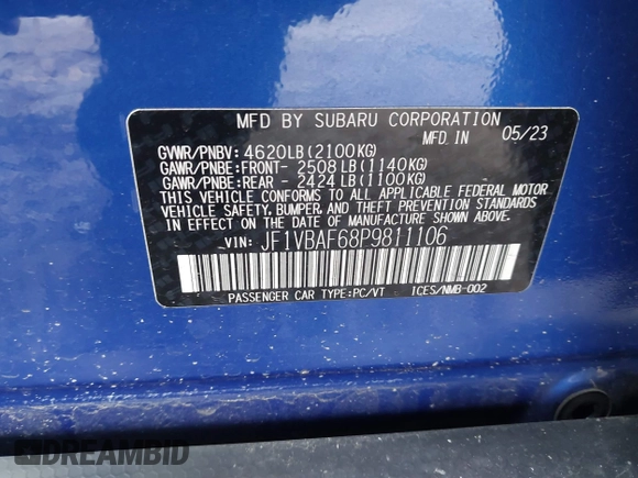 2023 Subaru WRX Premium with VIN JF1VBAF68P9811106, listed as a IAAI auction lot 41755931 with 19,927 mi miles and . Bid and sale history available at DreamBid. Image 9.