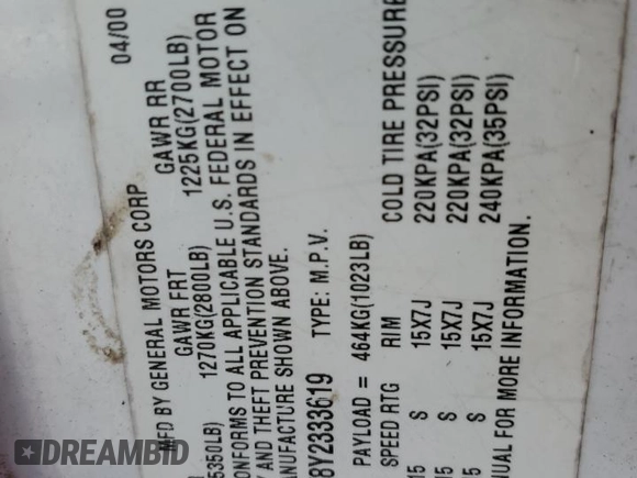 2000 Oldsmobile Bravada z VIN 1GHDT13W8Y2333619, wystawiony jako Copart lot #49631575 z przebiegiem 256 252 mil mil oraz Szkoda całkowita • Salvage title. Historia ofert i sprzedaży dostępna na DreamBid. Obrazek 15.