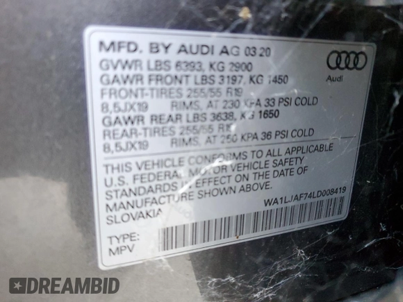 2020 Audi Q7 Premium Plus with VIN WA1LJAF74LD008419, listed as a Copart auction lot 45913674 with 95,053 mi miles and . Bid and sale history available at DreamBid. Image 13.