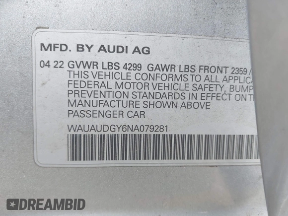 2022 Audi A3 Premium with VIN WAUAUDGY6NA079281, listed as a IAAI auction lot 41956291 with 38,321 mi miles. Bid and sale history available at carsss.com. Image 9.