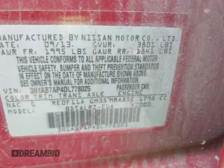 2013 Nissan Sentra SR with VIN 3N1AB7AP4DL778025, listed as a IAAI auction lot 41868702 with 118,166 mi miles and . Bid and sale history available at DreamBid. Image 9.