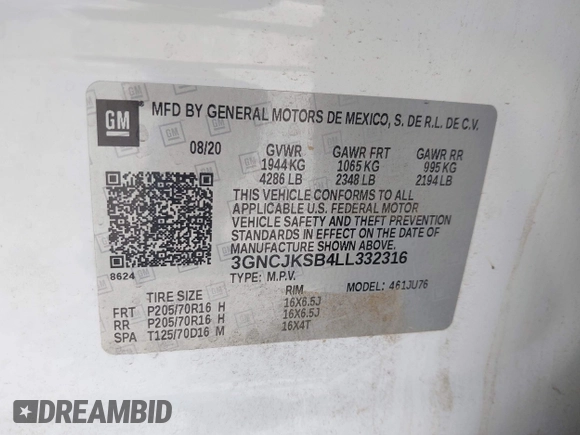 2020 Chevrolet Trax LS with VIN 3GNCJKSB4LL332316, listed as a IAAI auction lot 42486061 with Not provided miles and . Bid and sale history available at DreamBid. Image 9.