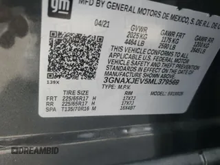 2021 Chevrolet Equinox LT z VIN 3GNAXJEV5ML379569, wystawiony jako IAAI lot #42501100 z przebiegiem 79 145 mil mil oraz . Historia ofert i sprzedaży dostępna na DreamBid. Obrazek 1.