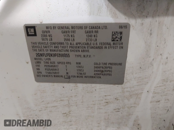 2015 Chevrolet Equinox LT with VIN 2GNFLFEK9F6398055, listed as a IAAI auction lot 42010966 with Not Provided miles and . Bid and sale history available at DreamBid. Image 9.