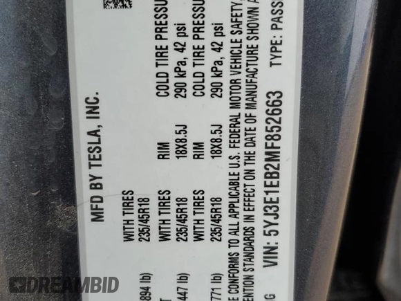 2021 Tesla Model 3 Long Range with VIN 5YJ3E1EB2MF852663, listed as a Copart auction lot 54726615 with 29,215 mi miles and Clean Title. Bid and sale history available at carsss.com. Image 12.