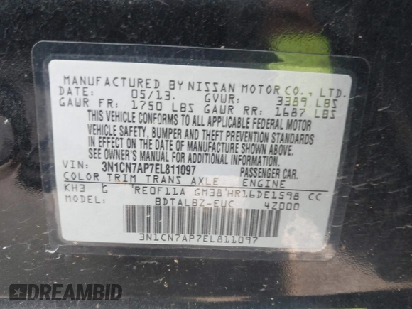 2014 Nissan Versa SV with VIN 3N1CN7AP7EL811097, listed as a IAAI auction lot 42051169 with 121,761 mi miles. Bid and sale history available at carsss.com. Image 9.