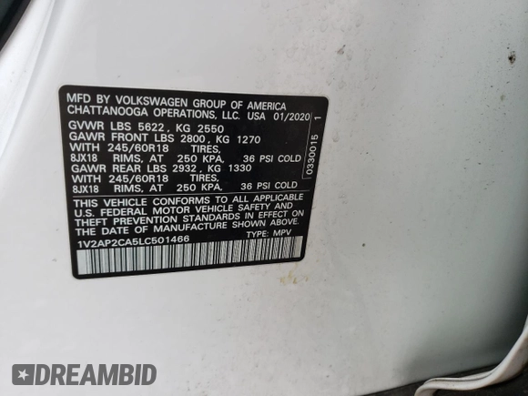 2020 Volkswagen Atlas S with VIN 1V2AP2CA5LC501466, listed as a Copart auction lot 44203403 with 80,725 mi miles and . Bid and sale history available at DreamBid. Image 13.