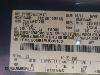 2014 Ford Escape SE with VIN 1FMCU0G91EUB05180, listed as a IAAI auction lot 41758185 with 186,042 mi miles. Bid and sale history available at carsss.com. Image 9.