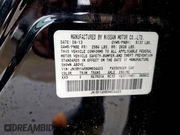 2013 Infiniti M37 with VIN JN1BY1AR8DM604403, listed as a Copart auction lot 55757025 with 122,523 mi miles and Clean Title. Bid and sale history available at carsss.com. Image 12.