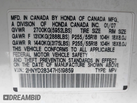 2007 Acura MDX Tech Pkg with VIN 2HNYD28347H519859, listed as a IAAI auction lot 41694763 with 259,202 mi miles. Bid and sale history available at carsss.com. Image 9.