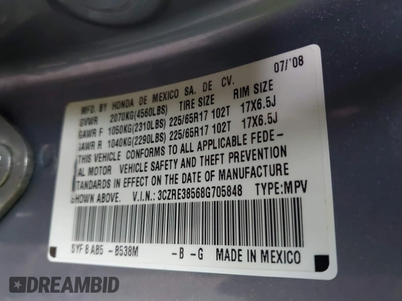 2008 Honda CR-V EX with VIN 3CZRE38568G705848, listed as a IAAI auction lot 41497540 with 192,667 mi miles and . Bid and sale history available at carsss.com. Image 9.