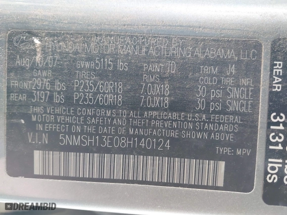 2008 Hyundai Santa Fe SE with VIN 5NMSH13E08H140124, listed as a IAAI auction lot 41889538 with 159,606 mi miles. Bid and sale history available at carsss.com. Image 9.