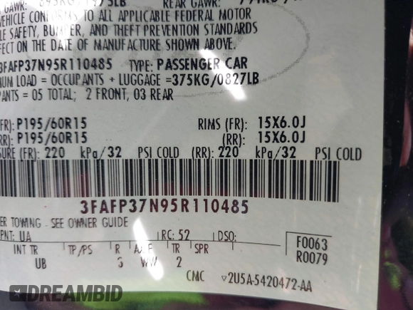 2005 Ford Focus S with VIN 3FAFP37N95R110485, listed as a IAAI auction lot 42047479 with 167,475 mi miles and . Bid and sale history available at carsss.com. Image 9.
