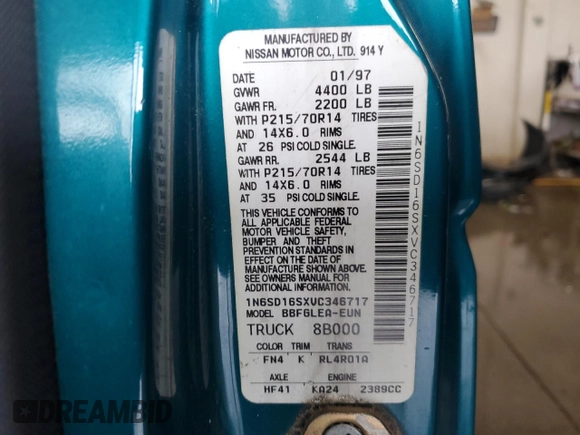 1997 Nissan Frontier XE with VIN 1N6SD16SXVC346717, listed as a Copart auction lot 55442215 with 112,343 mi miles and Salvage title. Bid and sale history available at DreamBid. Image 12.