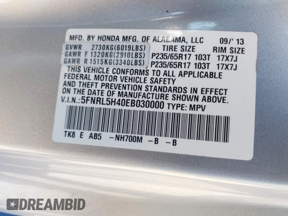 2014 Honda Odyssey EX with VIN 5FNRL5H40EB030000, listed as a IAAI auction lot 41698771 with 190,169 mi miles and . Bid and sale history available at carsss.com. Image 9.