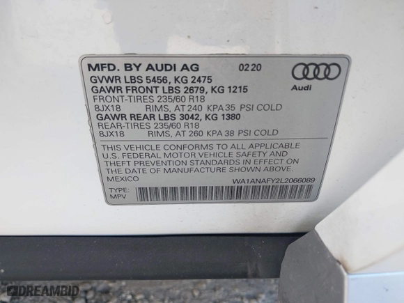 2020 Audi Q5 Premium with VIN WA1ANAFY2L2066089, listed as a IAAI auction lot 41934177 with 52,340 mi miles. Bid and sale history available at carsss.com. Image 9.