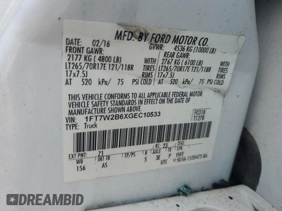 2016 Ford F-250 Lariat with VIN 1FT7W2B6XGEC10533, listed as a Copart auction lot 60402725 with Not provided miles and Non repairable. Bid and sale history available at DreamBid. Image 12.