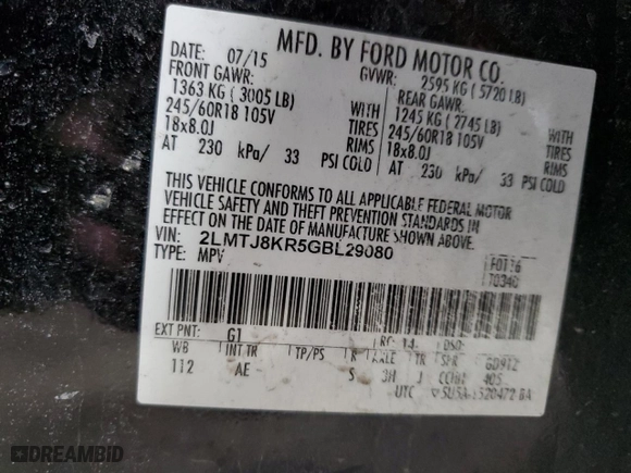 2016 Lincoln MKX Select with VIN 2LMTJ8KR5GBL29080, listed as a Copart auction lot 49657205 with 72,861 mi miles and Salvage Title. Bid and sale history available at carsss.com. Image 14.