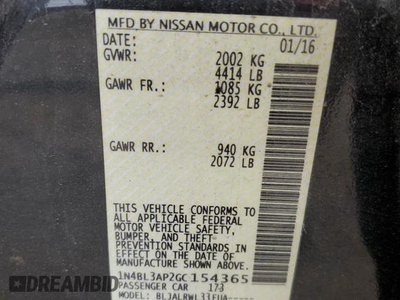 2016 Nissan Altima SL with VIN 1N4BL3AP2GC154365, listed as a Copart auction lot 82825114 with Not Provided miles and Salvage Title. Bid and sale history available at DreamBid. Image 12.