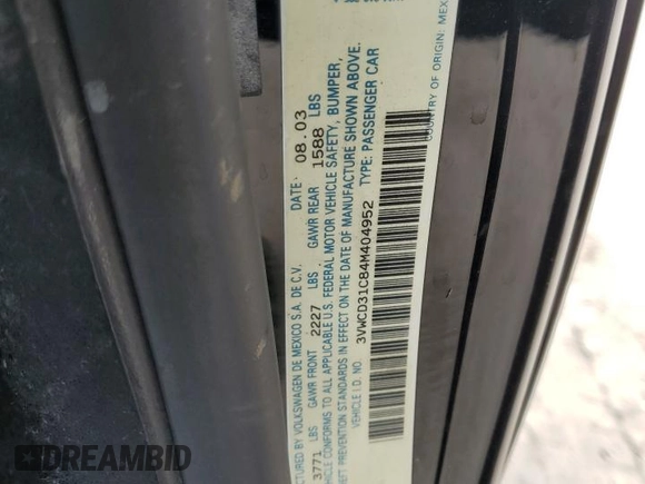 2004 Volkswagen Beetle with VIN 3VWCD31C84M404952, listed as a Copart auction lot 51287285 with 108,977 mi miles and Salvage Title. Bid and sale history available at DreamBid. Image 13.