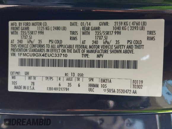 2014 Ford Escape SE z VIN 1FMCU9GX4EUC33710, wystawiony jako IAAI lot #42549888 z przebiegiem 117 057 mil mil oraz . Historia ofert i sprzedaży dostępna na DreamBid. Obrazek 9.