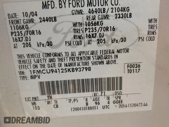 2005 Ford Escape Limited с VIN 1FMCU94125KB93798, выставлен на аукционе Copart как лот 54359995 с пробегом 381 910 миль миль и Списание • Salvage title. История ставок и продаж доступна на DreamBid. Изображение 13.