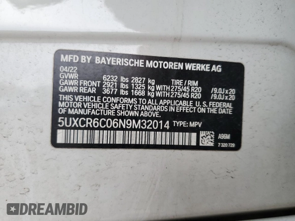 2022 BMW X5 xDrive40i with VIN 5UXCR6C06N9M32014, listed as a Copart auction lot 49576825 with Not Provided miles and Salvage Title. Bid and sale history available at DreamBid. Image 13.