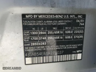 2001 Mercedes-Benz M-Class with VIN 4JGAB54E81A274037, listed as a Copart auction lot 76555544 with 202,446 mi miles and Salvage Title. Bid and sale history available at carsss.com. Image 15.