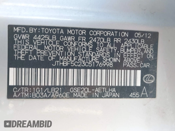 2012 Lexus IS 250 with VIN JTHBF5C23C5176998, listed as a IAAI auction lot 41645155 with 109,621 mi miles and . Bid and sale history available at DreamBid. Image 9.