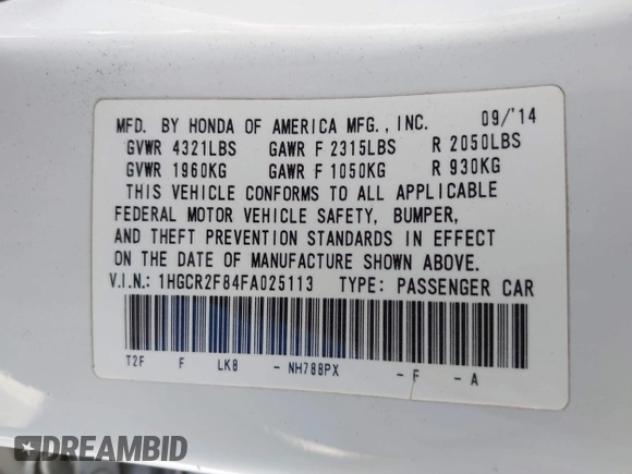 2015 Honda Accord EX-L with VIN 1HGCR2F84FA025113, listed as a IAAI auction lot 42304609 with 94,766 mi miles and . Bid and sale history available at DreamBid. Image 9.