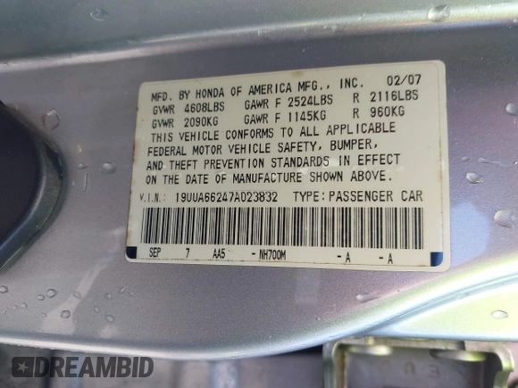 2007 Acura TL with VIN 19UUA66247A023832, listed as a IAAI auction lot 42035522 with 279,942 mi miles. Bid and sale history available at carsss.com. Image 9.