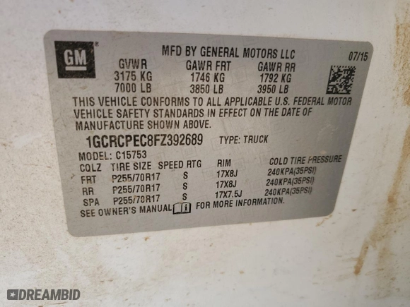 2015 Chevrolet Silverado 1500 LS with VIN 1GCRCPEC8FZ392689, listed as a Copart auction lot 85220214 with 318,185 mi miles and Salvage Title. Bid and sale history available at carsss.com. Image 14.
