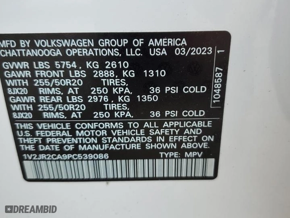 2023 Volkswagen Atlas 3.6L V6 SE w/Technology with VIN 1V2JR2CA9PC539086, listed as a Copart auction lot 64384524 with 0 mi miles and Salvage Title. Bid and sale history available at carsss.com. Image 13.