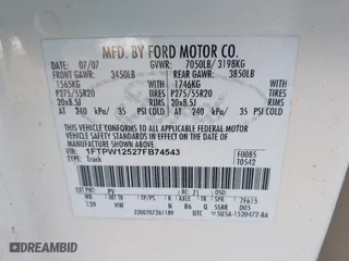 2007 Ford F-150 XLT with VIN 1FTPW12527FB74543, listed as a IAAI auction lot 41723554 with 217,242 mi miles. Bid and sale history available at carsss.com. Image 9.