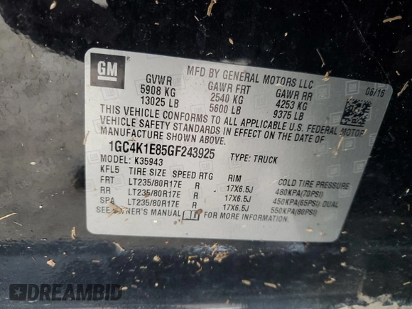 2016 Chevrolet Silverado 3500HD High Country with VIN 1GC4K1E85GF243925, listed as a Copart auction lot 80428434 with 0 mi miles and Salvage Title. Bid and sale history available at carsss.com. Image 12.