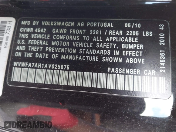 2010 Volkswagen Eos Lux z VIN WVWFA7AH1AV025675, wystawiony jako IAAI lot #42113813 z przebiegiem 93 885 mil mil oraz . Historia ofert i sprzedaży dostępna na DreamBid. Obrazek 9.