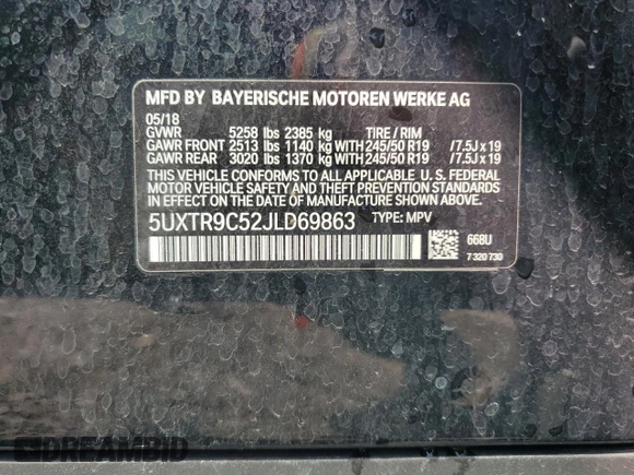 2018 BMW X3 xDrive30i with VIN 5UXTR9C52JLD69863, listed as a Copart auction lot 50917615 with 0 mi miles and Salvage Title. Bid and sale history available at carsss.com. Image 13.