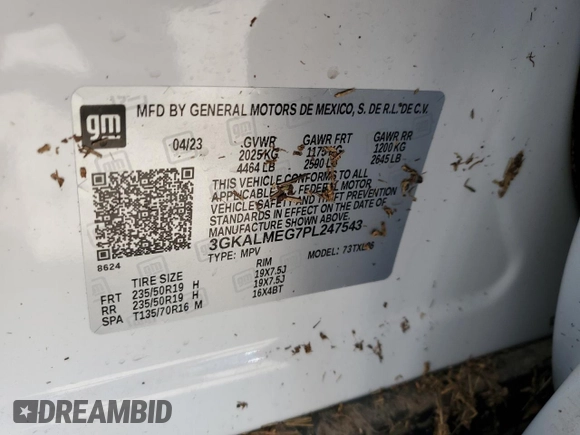 2023 GMC Terrain SLE with VIN 3GKALMEG7PL247543, listed as a Copart auction lot 55238535 with Not provided miles and Salvage title. Bid and sale history available at DreamBid. Image 13.