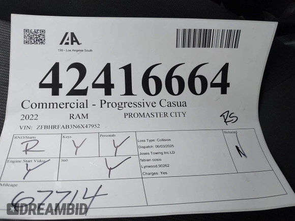 2022 Ram ProMaster City Cargo Tradesman с VIN ZFBHRFAB3N6X47952, выставлен на аукционе IAAI как лот 42416664 с пробегом 67 714 миль миль и . История ставок и продаж доступна на DreamBid. Изображение 17.
