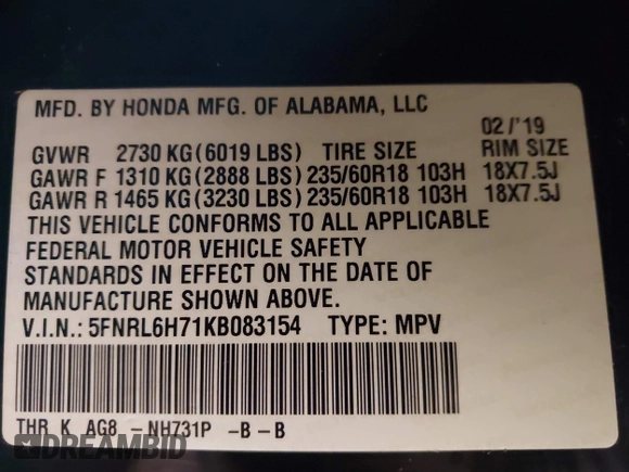 2019 Honda Odyssey EX-L z VIN 5FNRL6H71KB083154, wystawiony jako IAAI lot #42187213 z przebiegiem 77 179 mil mil oraz . Historia ofert i sprzedaży dostępna na DreamBid. Obrazek 9.
