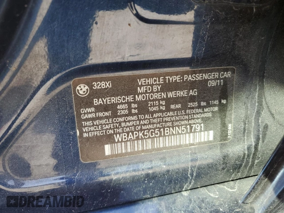 2011 BMW 3 Series 328i xDrive with VIN WBAPK5G51BNN51791, listed as a Copart auction lot 53617095 with 109,988 mi miles and Salvage Title. Bid and sale history available at carsss.com. Image 12.