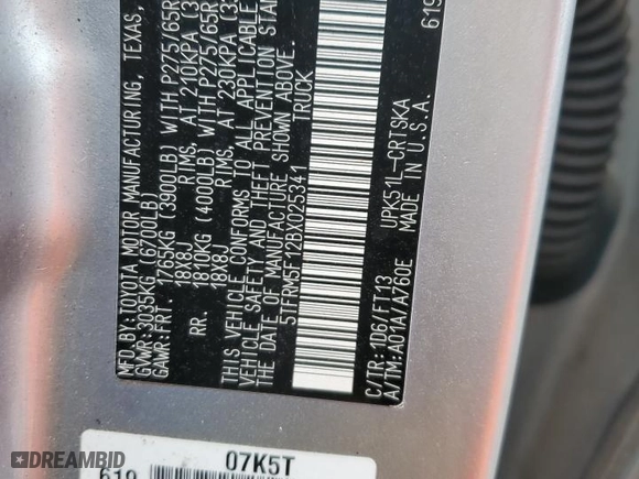 2011 Toyota Tundra 2WD Truck with VIN 5TFRM5F12BX025341, listed as a Copart auction lot 87175574 with NaN miles and Salvage Title. Bid and sale history available at carsss.com. Image 12.